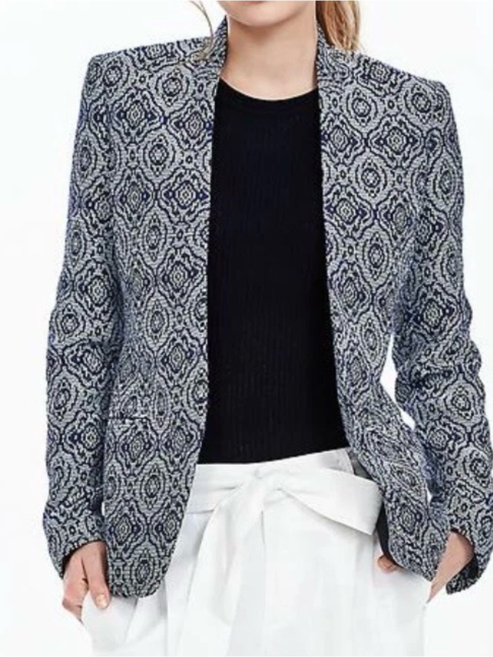 Banana Republic Tile Jacquard Open Front Blazer Jacket Blue White Geometric Sz 0